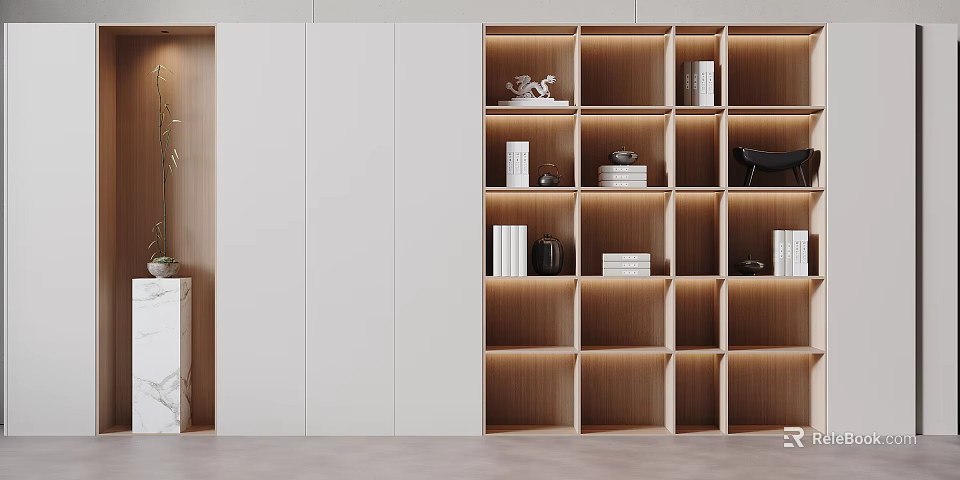 Modern Wooden Bookshelf Interior Design With Layered Compartments And Decorative Items 3d model